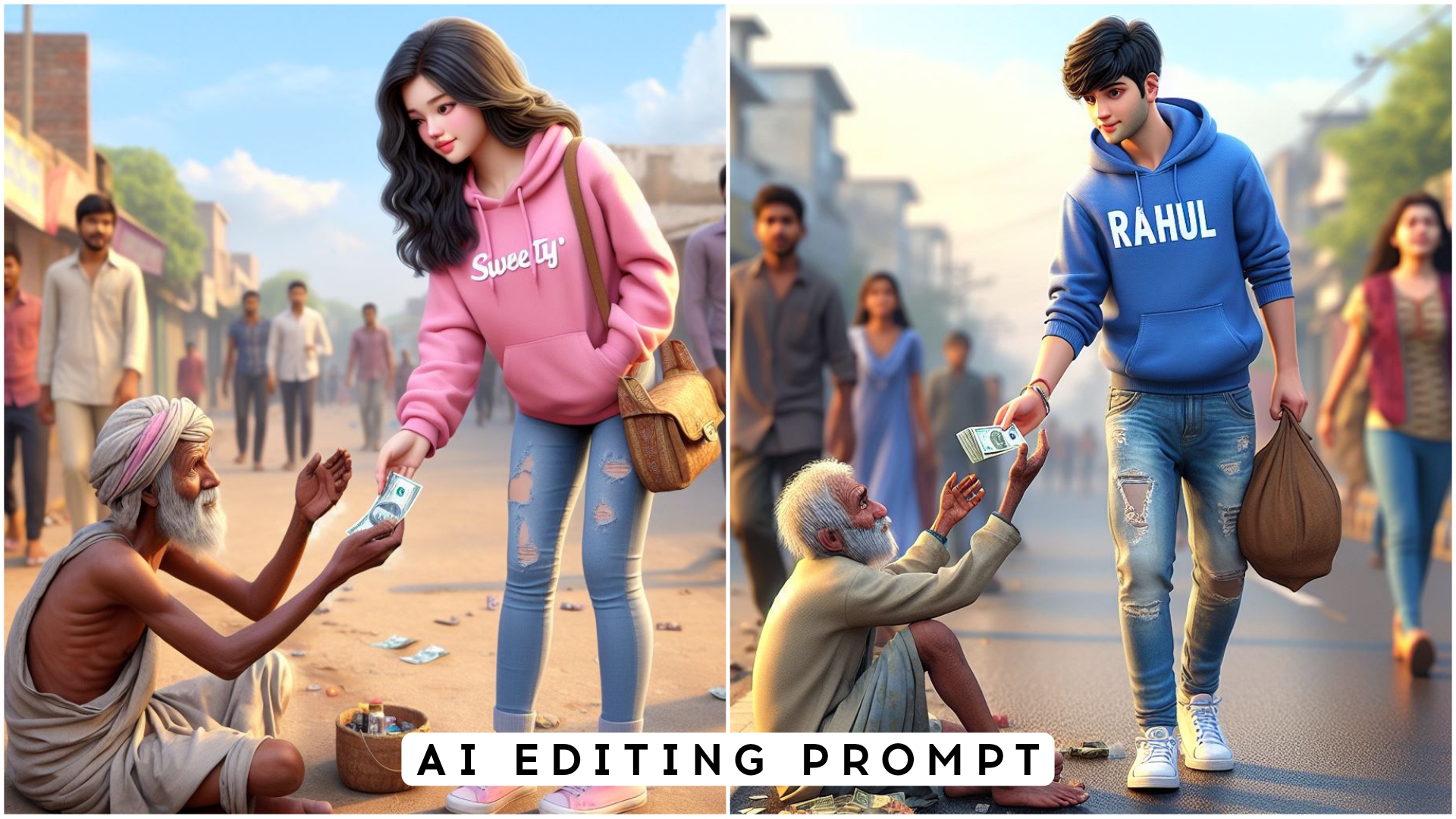 Create 3D Ai Boy Giving Money To Beggar Man Images